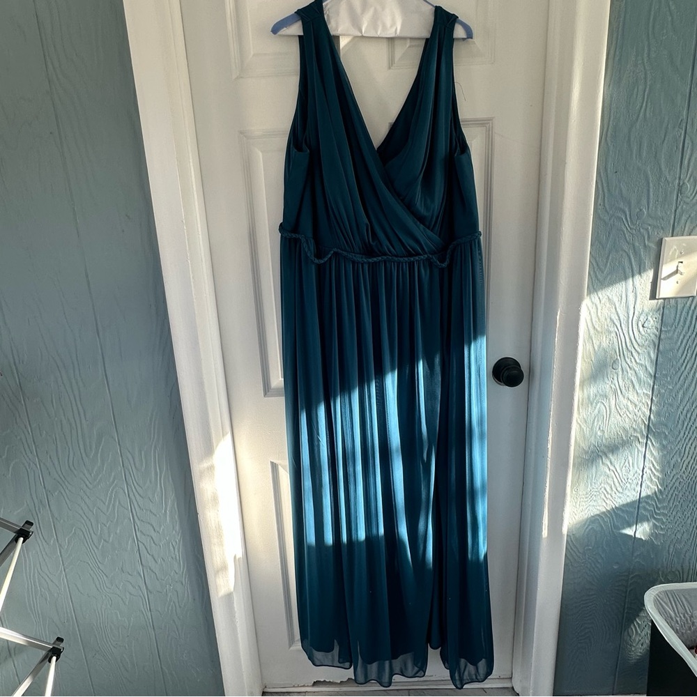 Azazie A24 TANICIA Stretch Ink Blue A-Line V-Neck Pleated Mesh Dress - Picture 2 of 6